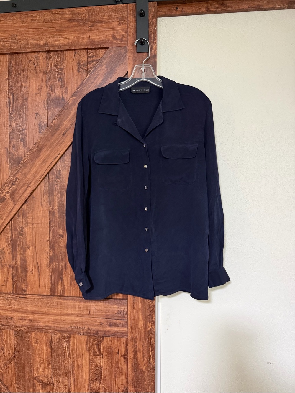 August  Silk 100% Silk Women Button-Down Deep Navy Blue Shirt. Size L